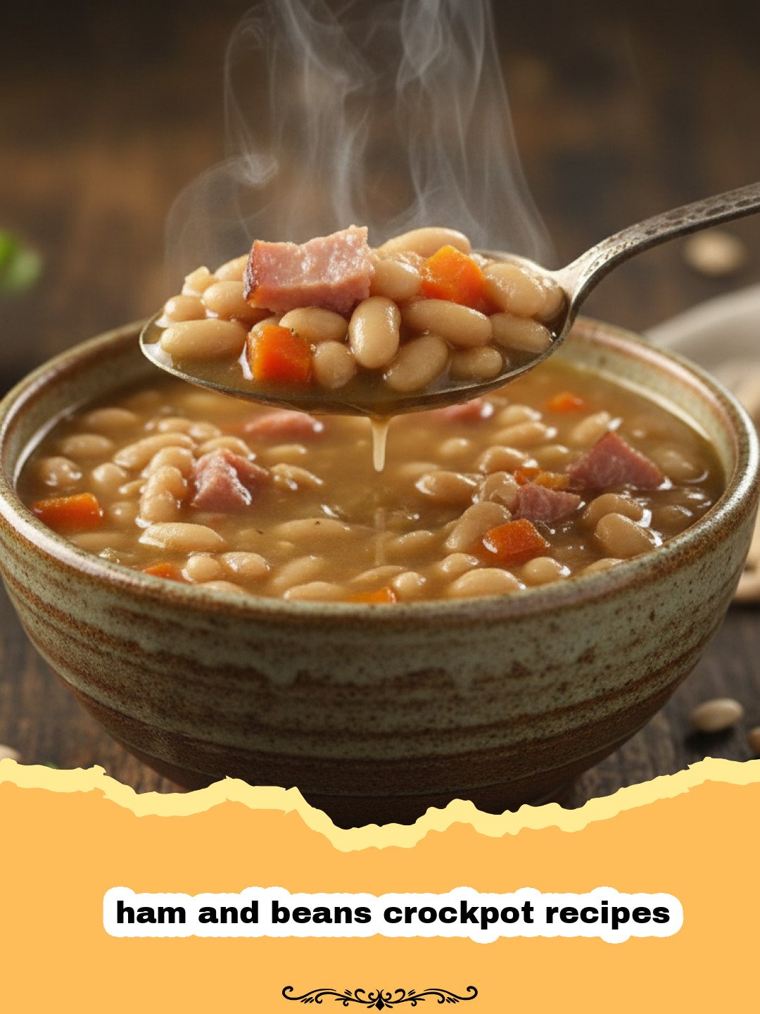 ham and beans crockpot recipes - A steaming bowl of hearty slow cooker ham and beans with cornbread on the side, perfect for a comforting meal.