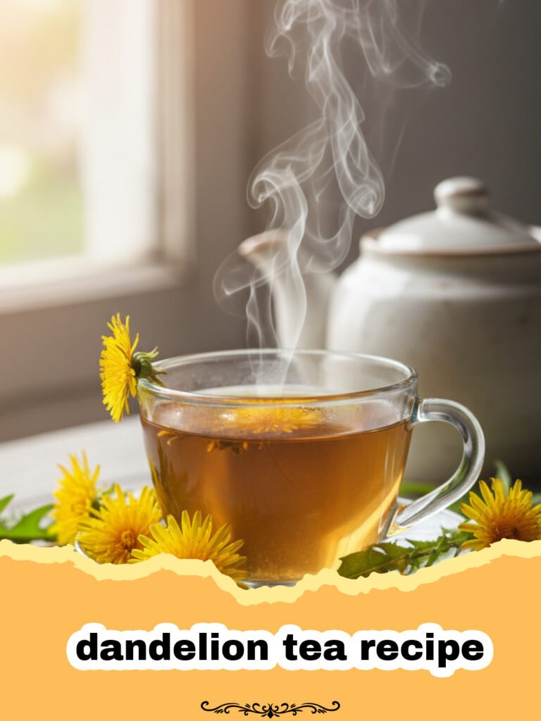 The Ultimate Guide to Making Your Own Dandelion Tea 5 dandelion tea recipe - A warm mug of dandelion tea with fresh dandelion leaves and roots next to it, on a wooden table.