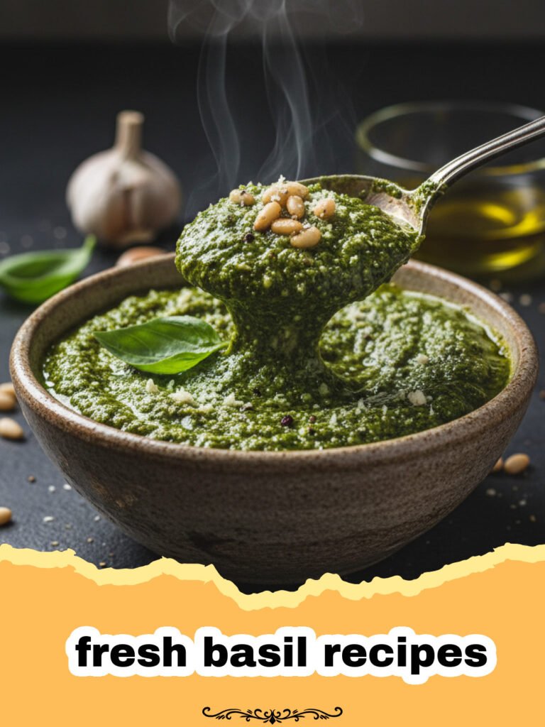 fresh basil recipes - A bowl of vibrant green fresh basil pesto surrounded by basil leaves and pine nuts