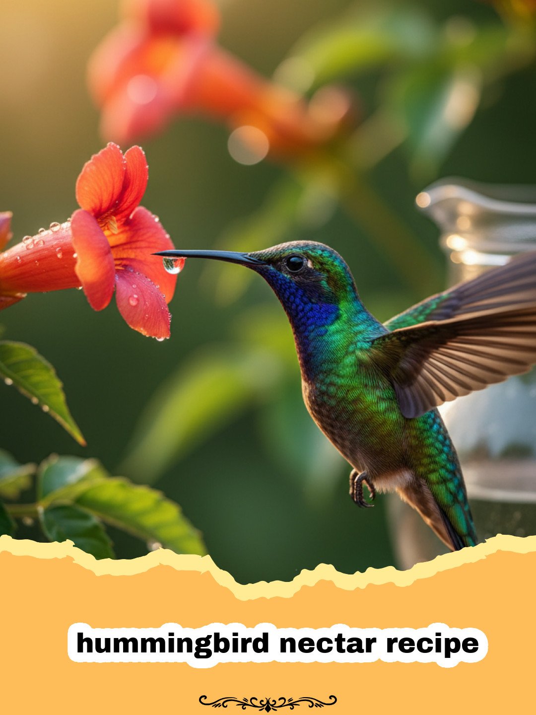hummingbird nectar recipe - A hummingbird feeder filled with clear homemade nectar, with a ruby-throated hummingbird hovering nearby.