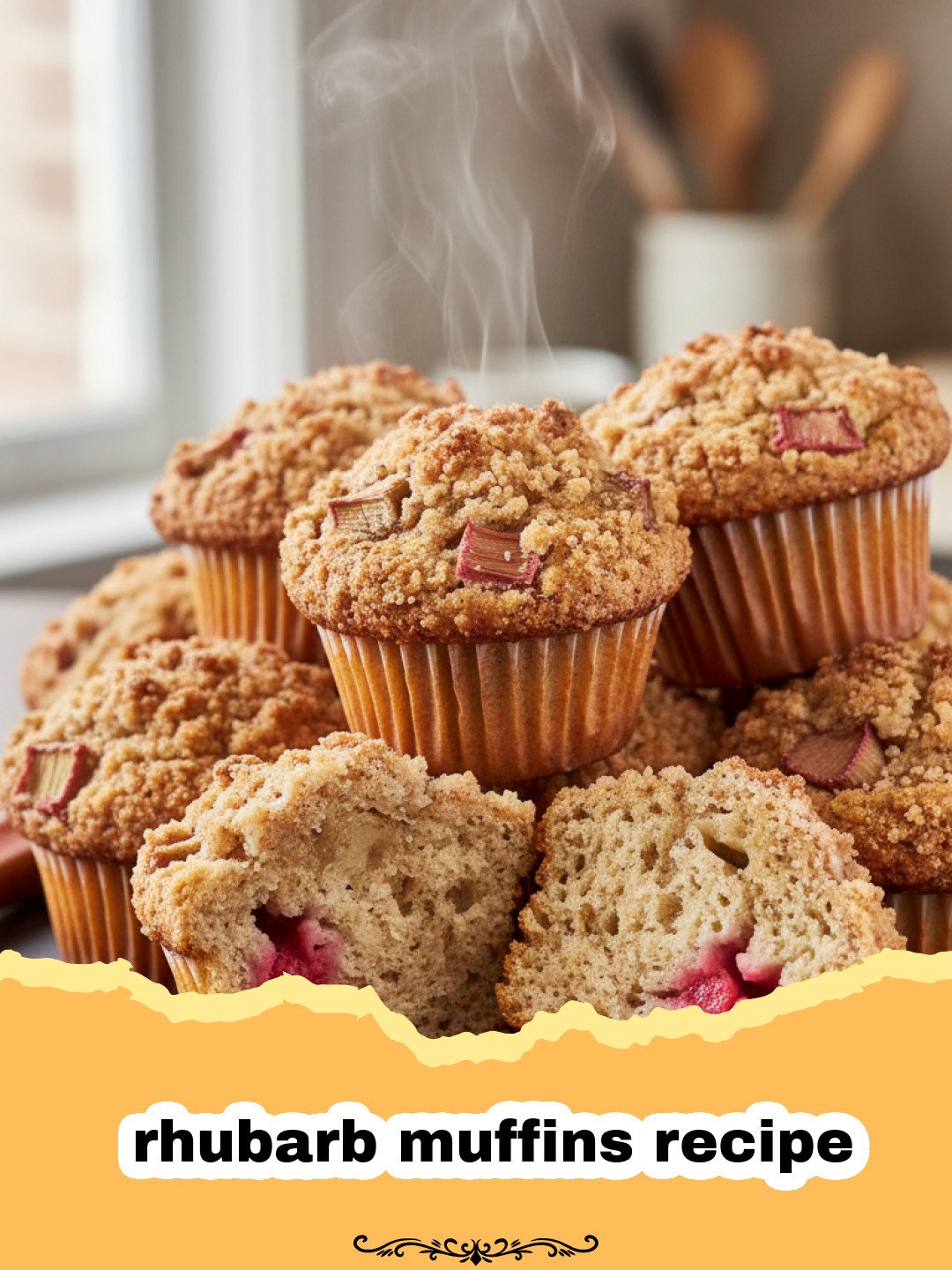 rhubarb muffins recipe - Freshly baked rhubarb muffins cooling on a wire rack, with some rhubarb stalks in the background.