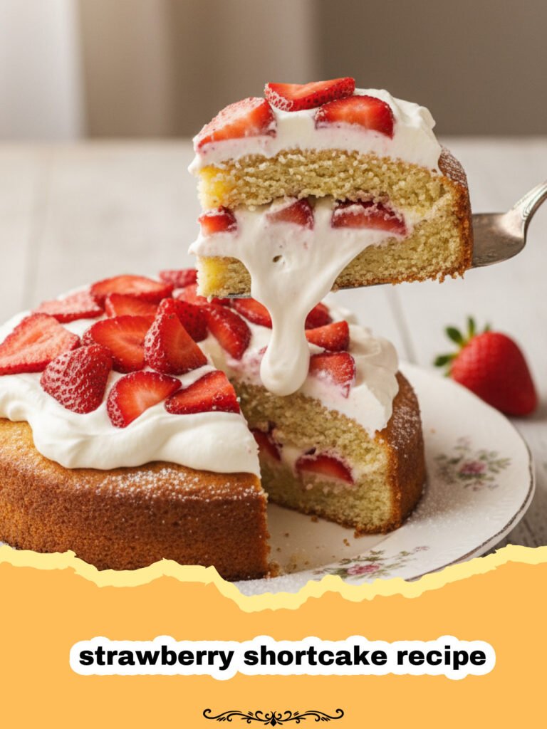 strawberry shortcake recipe - A close-up of a perfectly assembled strawberry shortcake with flaky biscuits, juicy strawberries, and whipped cream