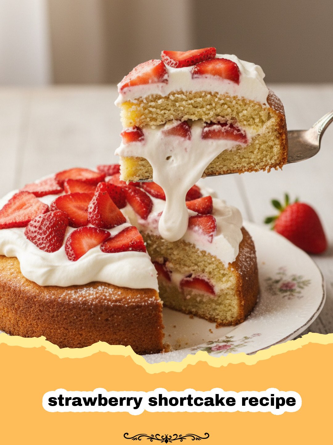 strawberry shortcake recipe - A close-up of a perfectly assembled strawberry shortcake with flaky biscuits, juicy strawberries, and whipped cream