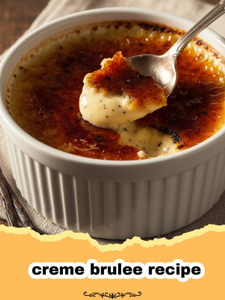 The Ultimate Classic Creme Brulee Recipe: Master the Art of Silky Custard and Crispy Caramel 5 creme brulee recipe - Close-up of a perfectly caramelized creme brulee in a white ramekin, with a spoon having just cracked the sugar crust, revealing the creamy vanilla custard underneath.