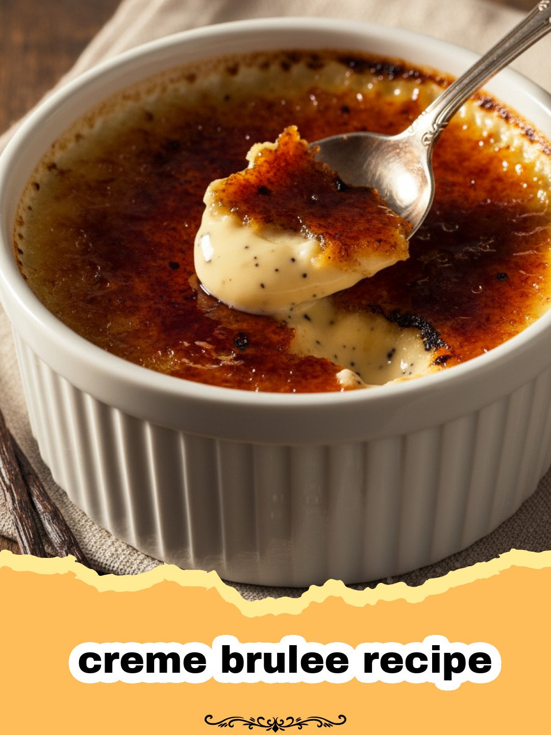 The Ultimate Classic Creme Brulee Recipe: Master the Art of Silky Custard and Crispy Caramel 3 creme brulee recipe - Close-up of a perfectly caramelized creme brulee in a white ramekin, with a spoon having just cracked the sugar crust, revealing the creamy vanilla custard underneath.