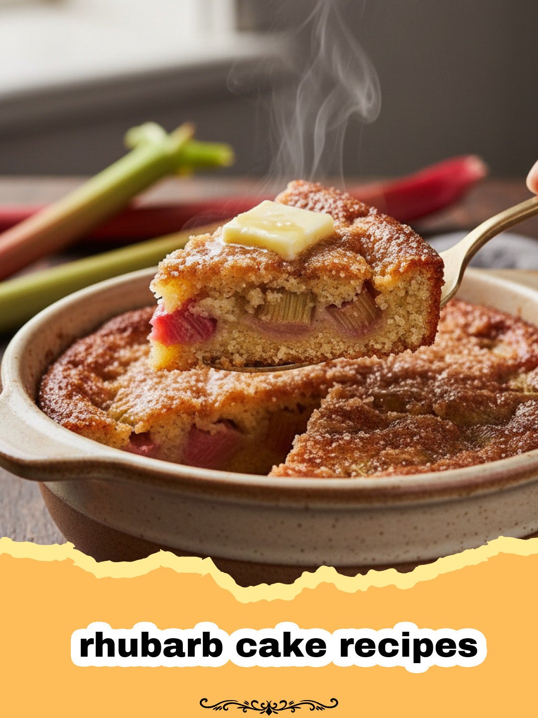 The Ultimate Tangy & Sweet Rhubarb Crumb Cake: A Springtime Delight 3 rhubarb cake recipes - Close-up of a slice of Rhubarb Crumb Cake with a generous crumb topping, showing the pink rhubarb pieces inside the moist cake.