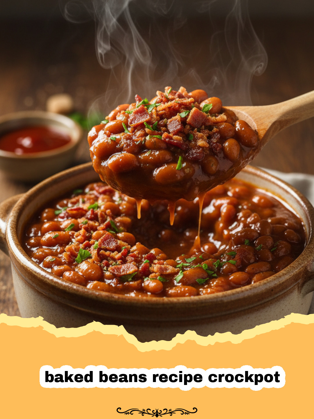 The Ultimate Easy Slow Cooker Baked Beans Recipe 3 baked beans recipe crockpot - Close-up of a bowl of smoky, sweet, and savory slow cooker baked beans garnished with crispy bacon bits.
