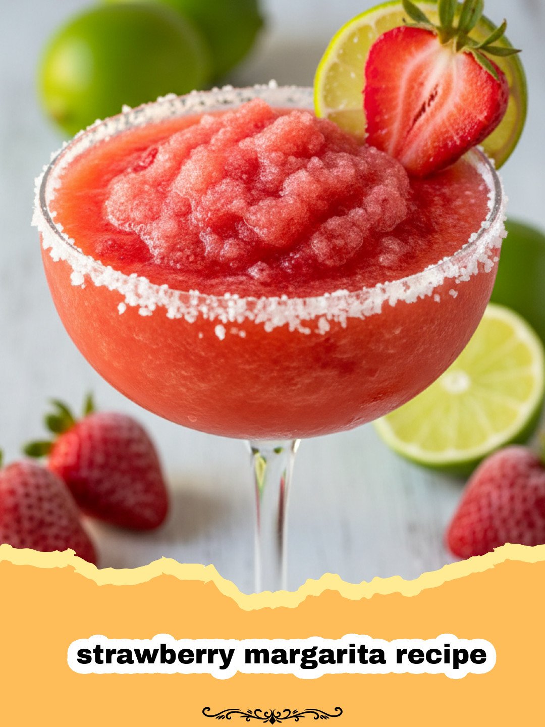 strawberry margarita recipe - A close-up of a vibrant red strawberry margarita in a salt-rimmed glass, garnished with fresh strawberries and a lime wedge.