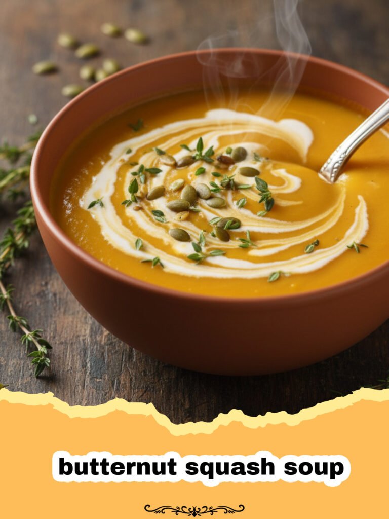 A bowl of creamy butternut squash soup garnished with fresh herbs and a swirl of cream.