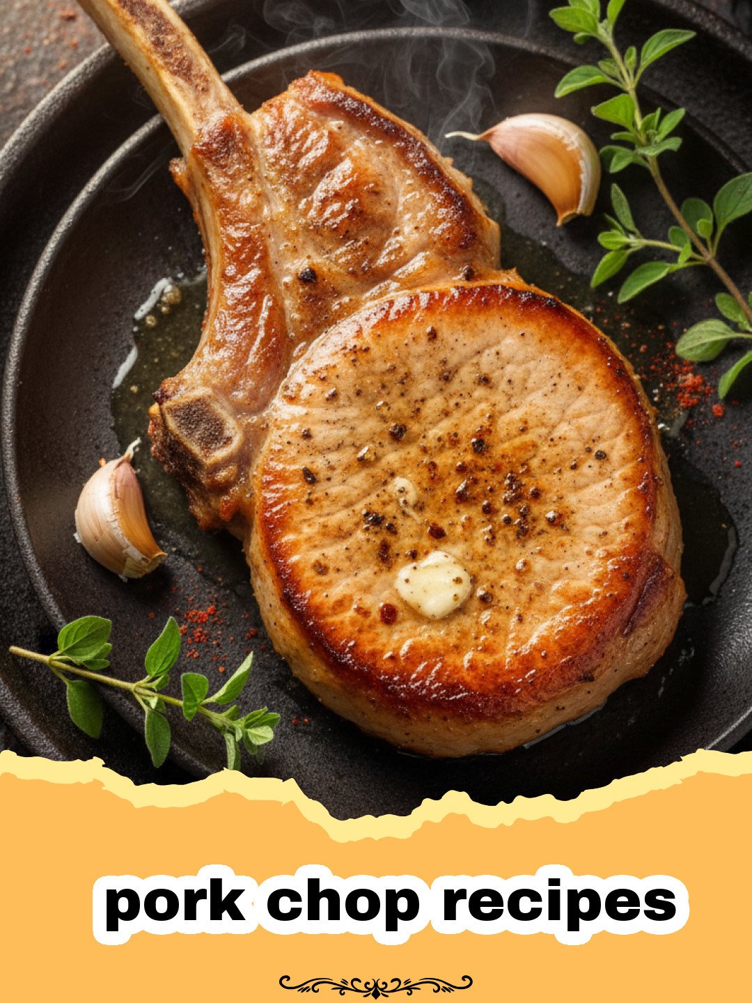pork chop recipes - Close-up of juicy pan-seared pork chops with garlic herb butter, fresh rosemary, and thyme in a cast iron skillet.