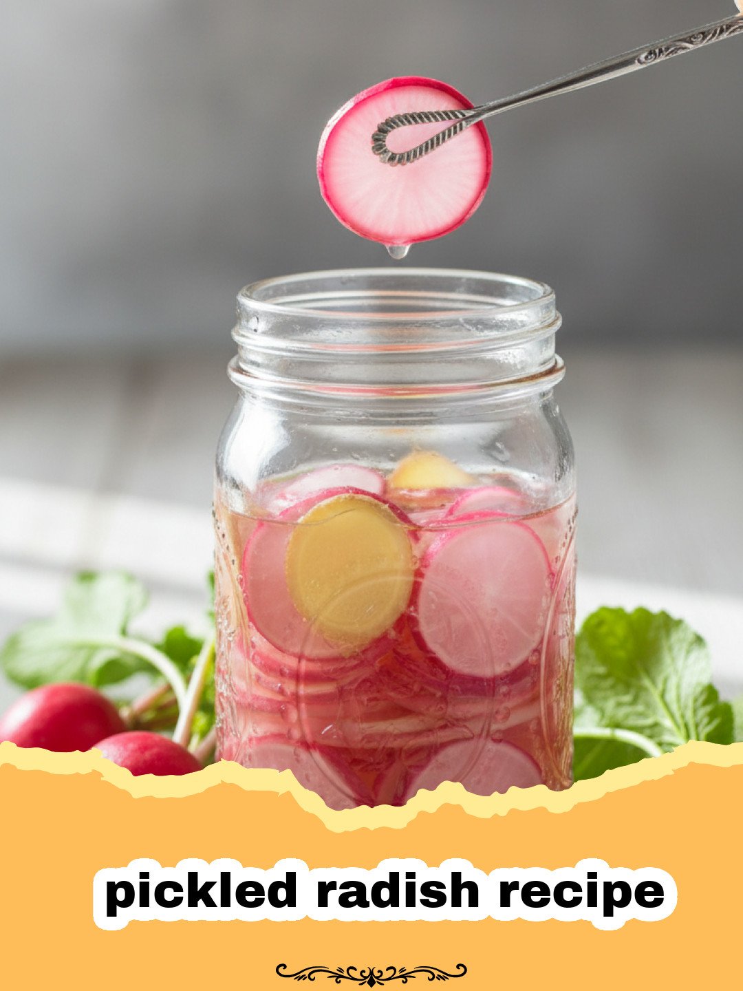 pickled radish recipe - A close-up of vibrant pink pickled radishes packed in a glass jar, with a few slices spilling out onto a wooden surface, suggesting freshness and tanginess.