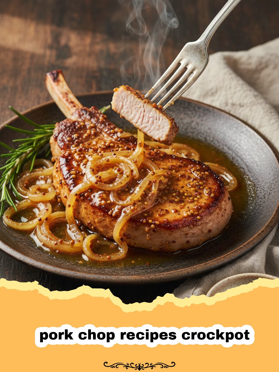 pork chop recipes crockpot - Tender slow cooker pork chops with creamy mushroom gravy on a white plate.