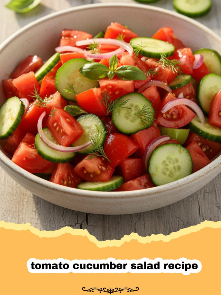 tomato cucumber salad recipe - A vibrant bowl of fresh tomato cucumber salad with red onion and herbs.