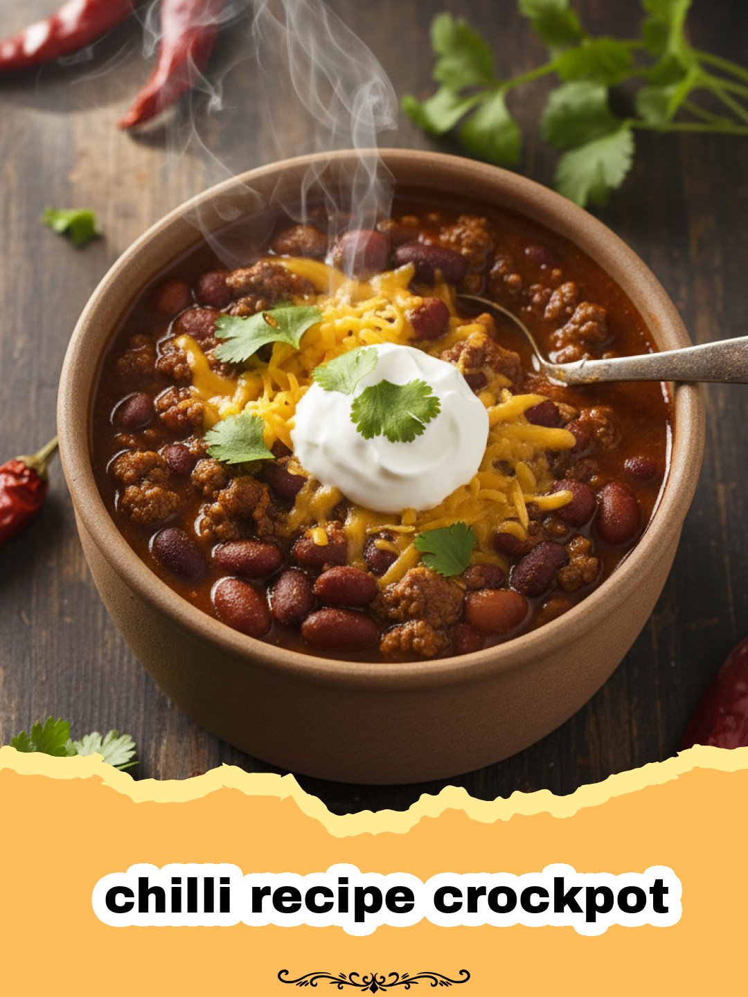 The Ultimate Slow Cooker Beef Chili: Your Go-To Comfort Food 3 chilli recipe crockpot - A close-up of a steaming bowl of hearty beef chili in a white bowl, topped with shredded cheese and fresh green onions, with a spoon digging in. Crockpot chili is visible in the background.