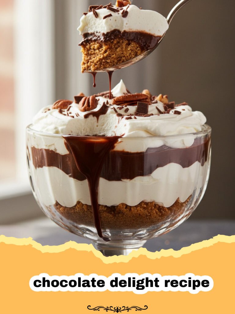 A glorious slice of a layered chocolate delight recipe with rich cake, creamy white layer, chocolate pudding, and whipped cream on top, garnished with chocolate shavings.