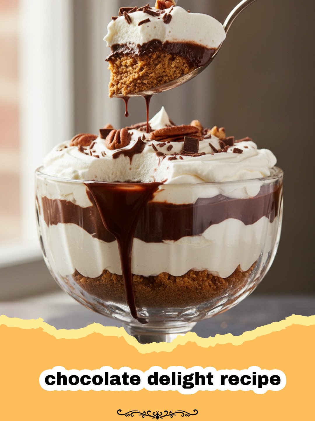 A glorious slice of a layered chocolate delight recipe with rich cake, creamy white layer, chocolate pudding, and whipped cream on top, garnished with chocolate shavings.