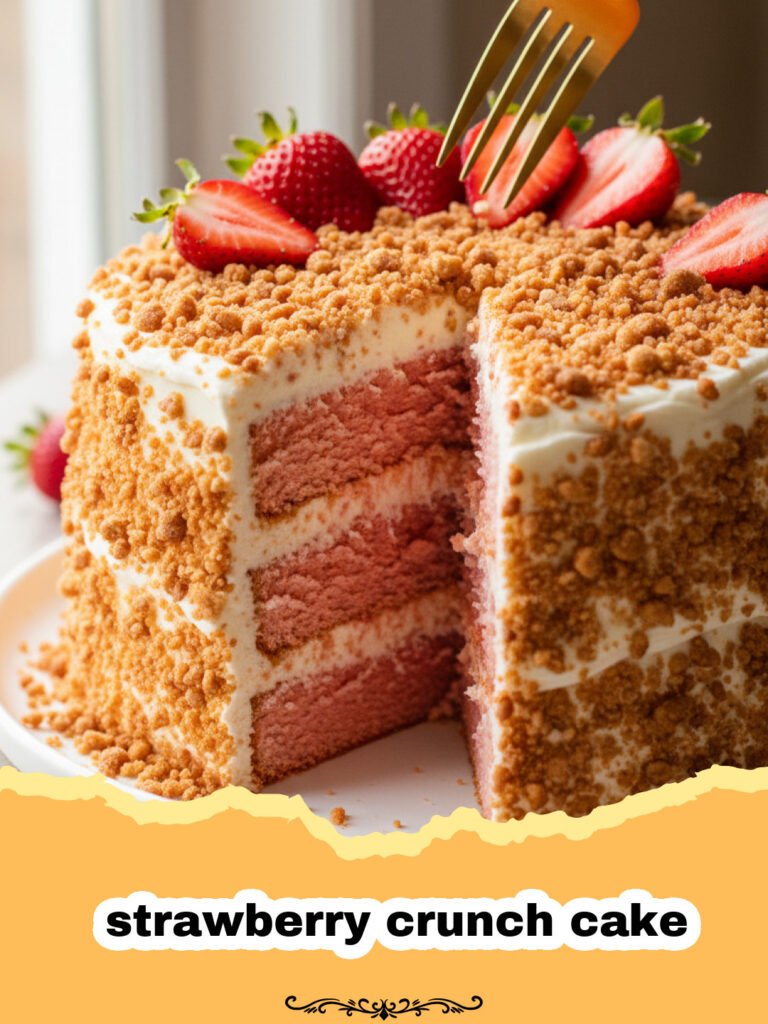 A beautifully decorated three-layer strawberry crunch cake on a white cake stand, with visible layers of cake, frosting, strawberry filling, and the golden-red crunch topping.