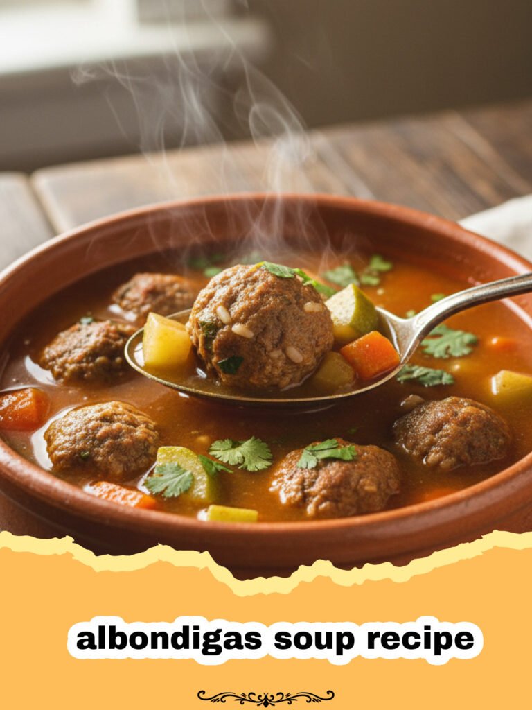 albondigas soup recipe - A steaming bowl of Mexican albondigas soup with meatballs, carrots, and zucchini.