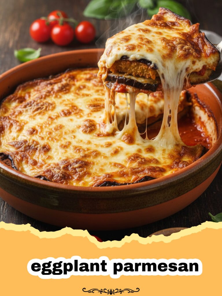 Nonna's Secret: The Ultimate Classic Baked Eggplant Parmesan 5 A close-up shot of golden-brown baked eggplant parmesan casserole, bubbling with cheese and rich marinara sauce, garnished with fresh basil.