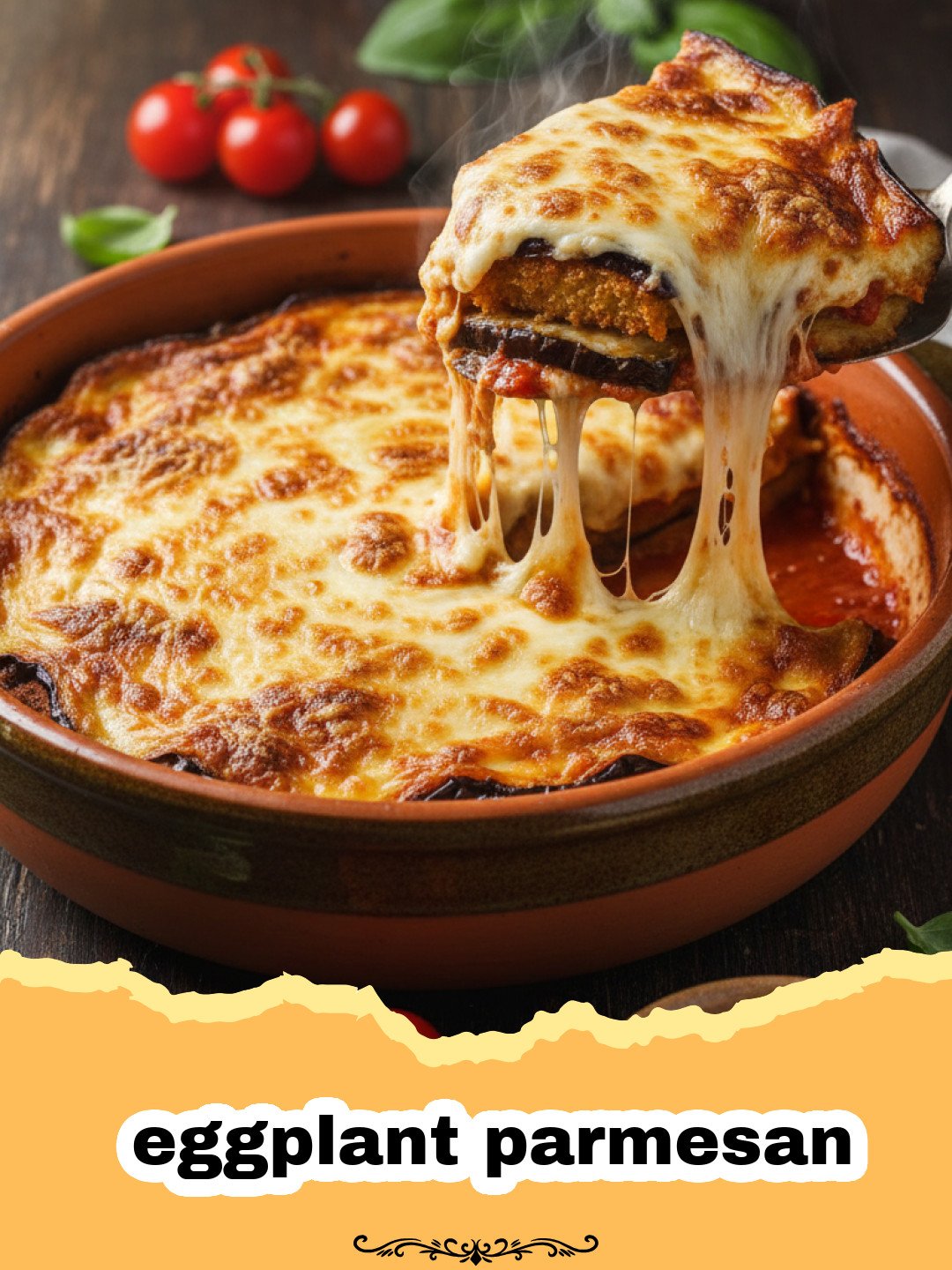 Nonna's Secret: The Ultimate Classic Baked Eggplant Parmesan 3 A close-up shot of golden-brown baked eggplant parmesan casserole, bubbling with cheese and rich marinara sauce, garnished with fresh basil.