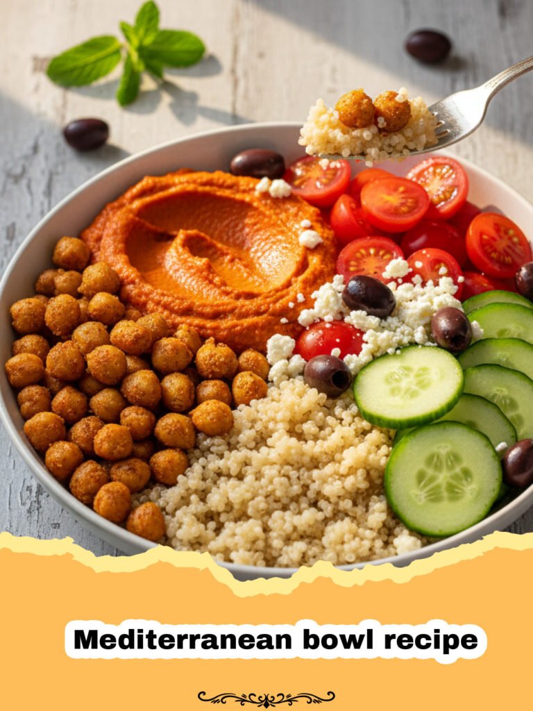 A colorful Mediterranean bowl recipe filled with quinoa, cucumbers, tomatoes, red onion, olives, feta, hummus, and greens.