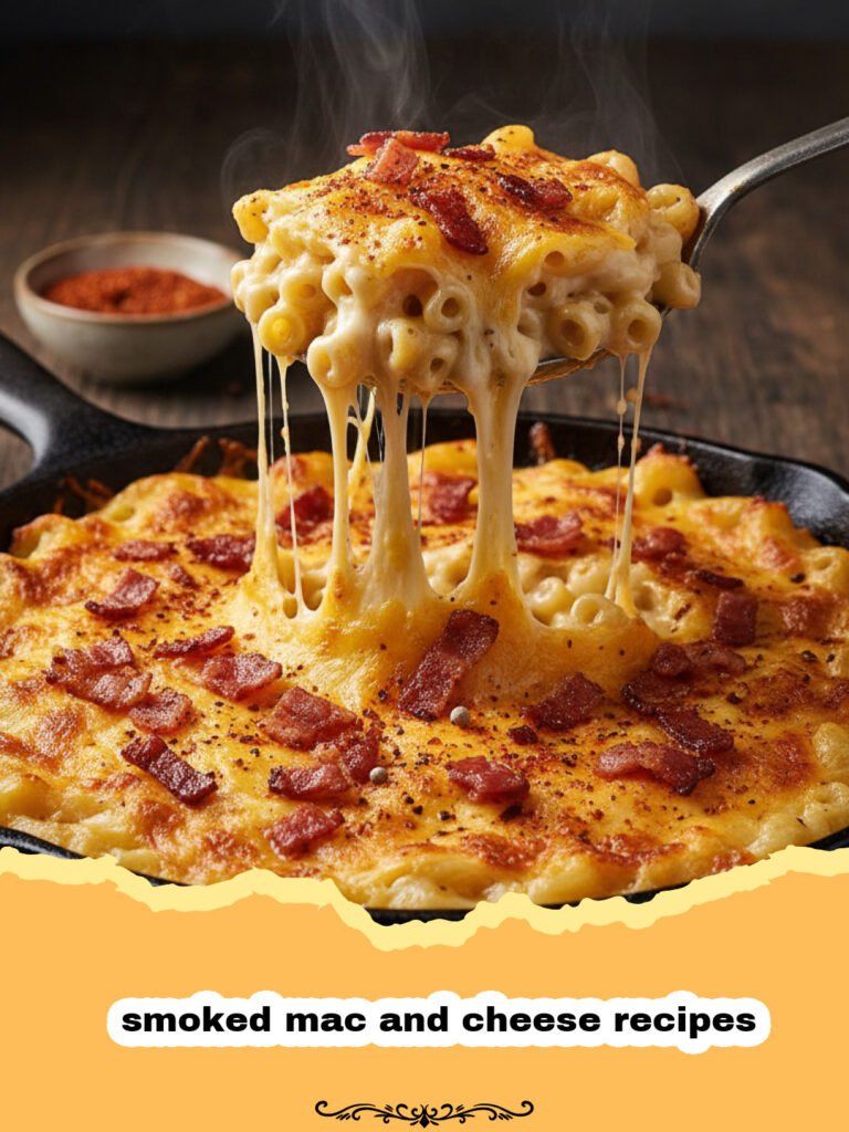 smoked mac and cheese recipes - Close-up of bubbling, golden-brown smoked mac and cheese in a cast iron skillet, with visible cheesy texture.
