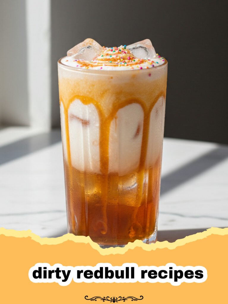 The Ultimate Guide to Delicious Dirty Red Bull Recipes: Your New Favorite Energizer! 5 dirty redbull recipes - A tall glass of Classic Vanilla Coconut Dirty Red Bull with ice, garnished with a lime slice, on a light background.