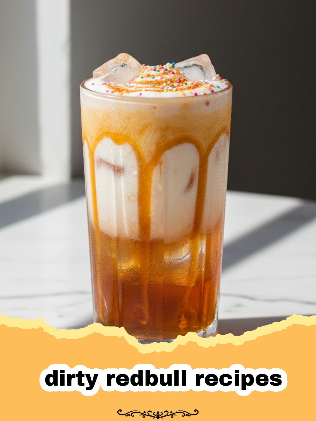 The Ultimate Guide to Delicious Dirty Red Bull Recipes: Your New Favorite Energizer! 3 dirty redbull recipes - A tall glass of Classic Vanilla Coconut Dirty Red Bull with ice, garnished with a lime slice, on a light background.