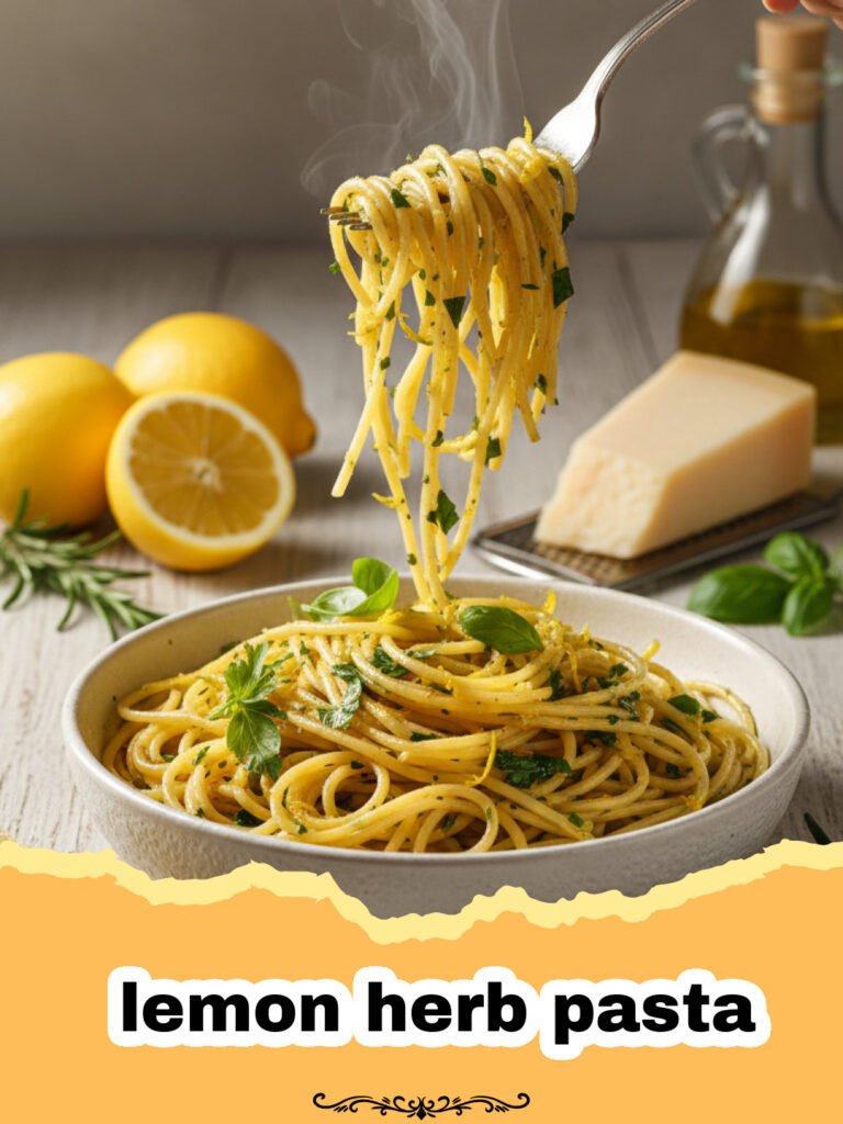 Close-up of vibrant lemon herb pasta tossed with fresh herbs and lemon zest in a bowl.