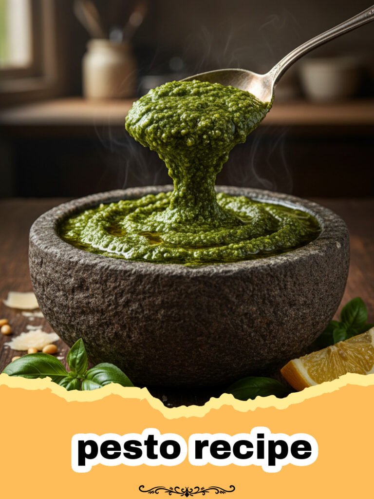 pesto recipe - Vibrant green homemade basil pesto in a bowl with fresh basil and pine nuts.