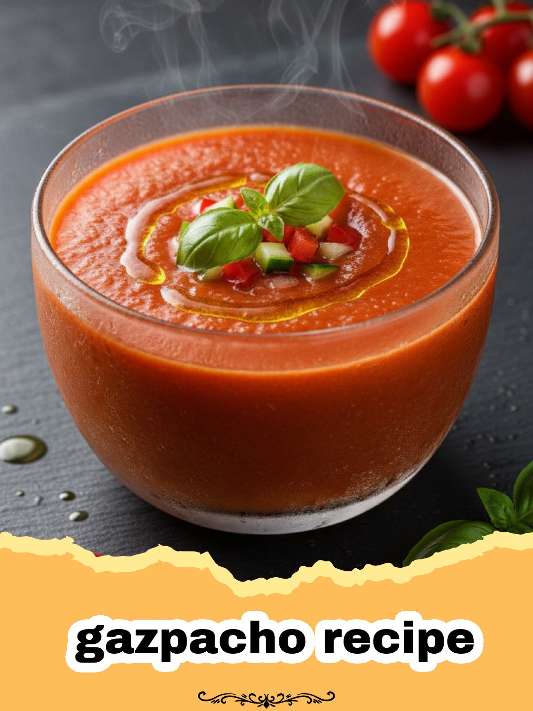 gazpacho recipe - A bowl of vibrant red gazpacho garnished with diced vegetables and olive oil.