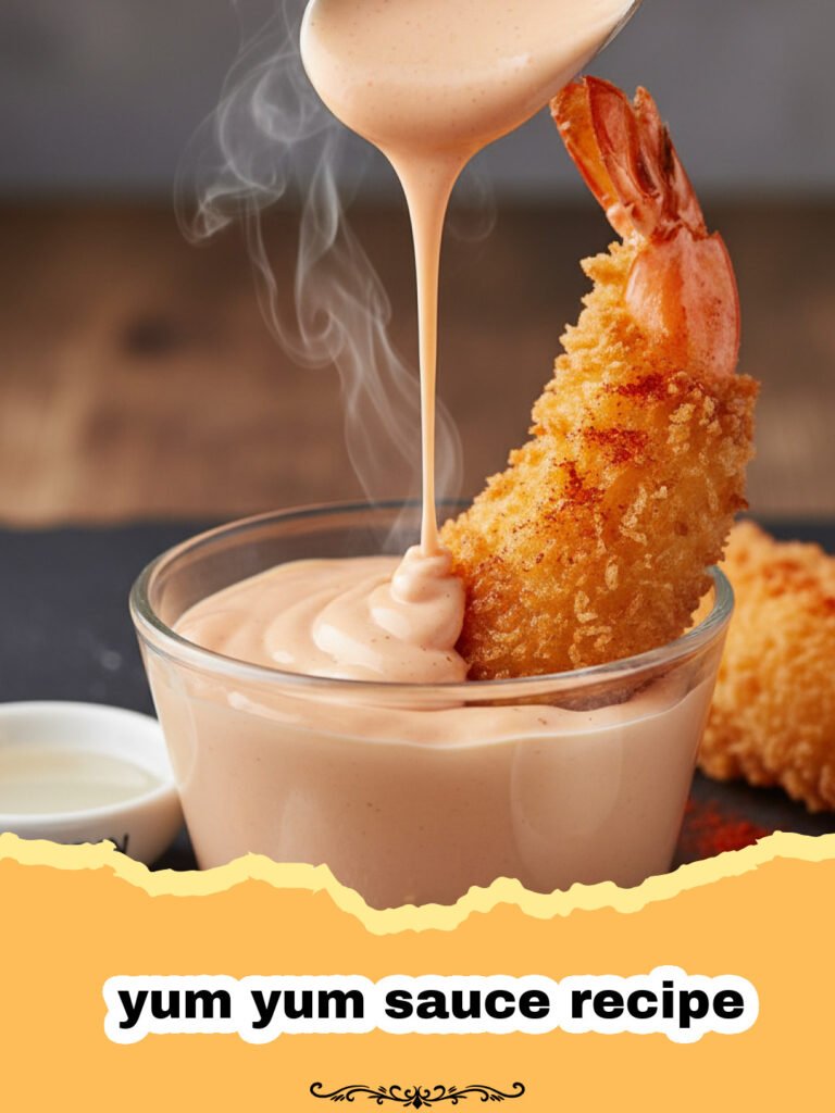yum yum sauce recipe - A small bowl of pale pink yum yum sauce next to a plate of hibachi shrimp and rice.