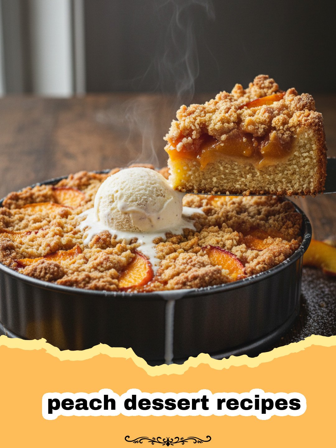 The Ultimate Summer Peach Crumble: A Taste of Nostalgia 3 peach dessert recipes - Close-up of a warm, bubbly classic peach crumble with a golden-brown oat topping in a baking dish, served with a scoop of melting vanilla ice cream.
