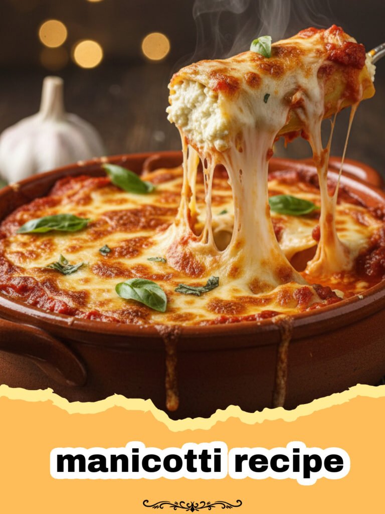 manicotti recipe - Classic baked manicotti in a baking dish, covered in sauce and melted cheese, ready to serve.