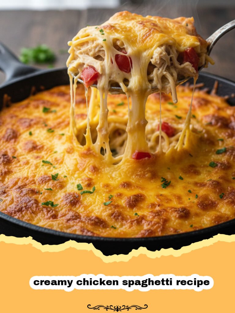 A close-up shot of a creamy chicken spaghetti recipe casserole in a baking dish, with melted cheese on top and a serving spoon dishing out a portion.