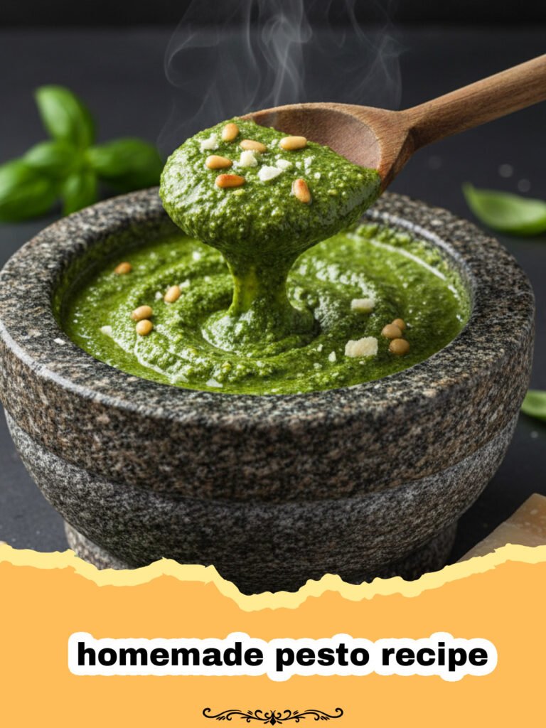 homemade pesto recipe - Vibrant green classic homemade basil pesto in a small white bowl with fresh basil leaves, pine nuts, and Parmesan cheese scattered around.