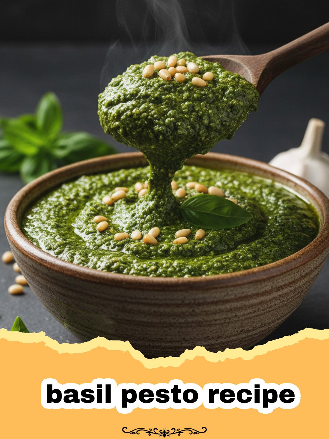 basil pesto recipe - Vibrant green classic basil pesto in a glass jar with fresh basil leaves and pine nuts scattered around.