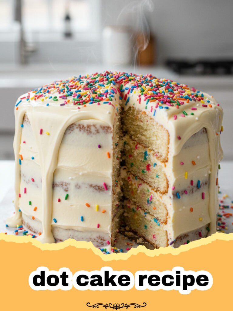 dot cake recipe - A slice of fluffy vanilla dot cake with rainbow sprinkles and creamy white frosting, ready to be enjoyed.
