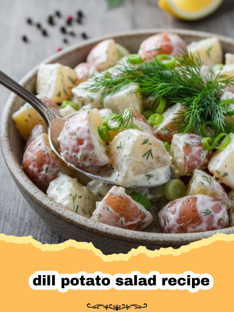 dill potato salad recipe - A close-up shot of a creamy dill potato salad in a large serving bowl, garnished with fresh dill sprigs and a sprinkle of paprika.
