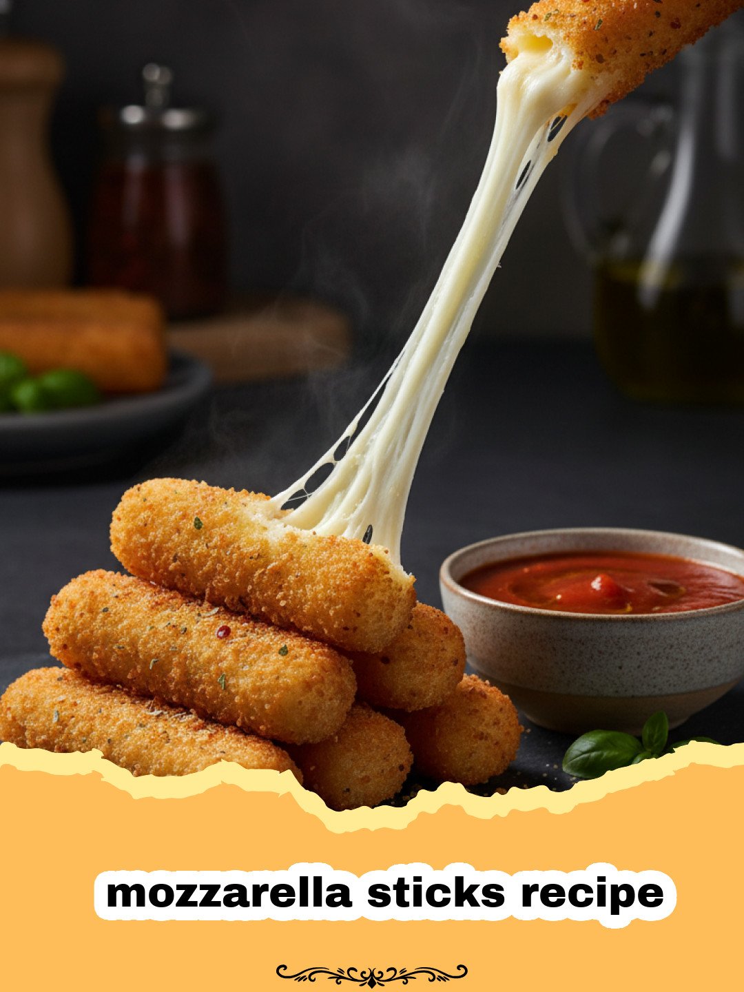mozzarella sticks recipe - A plate of golden-brown, crispy homemade mozzarella sticks with stringy melted cheese, served with a side of marinara sauce.