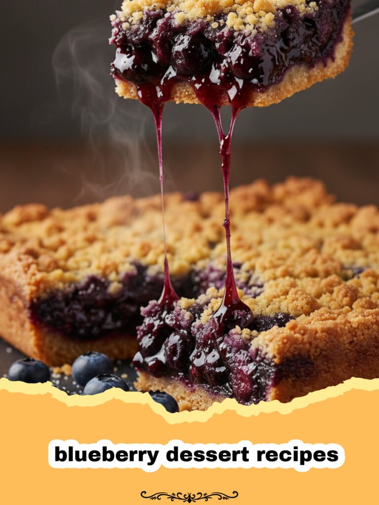 Heavenly Blueberry Crumble Bars: Your New Favorite Dessert! 5 blueberry dessert recipes - Close-up of Heavenly Blueberry Crumble Bars, golden brown with juicy blueberry filling peeking through the crumble topping, cut into squares on a white serving plate.