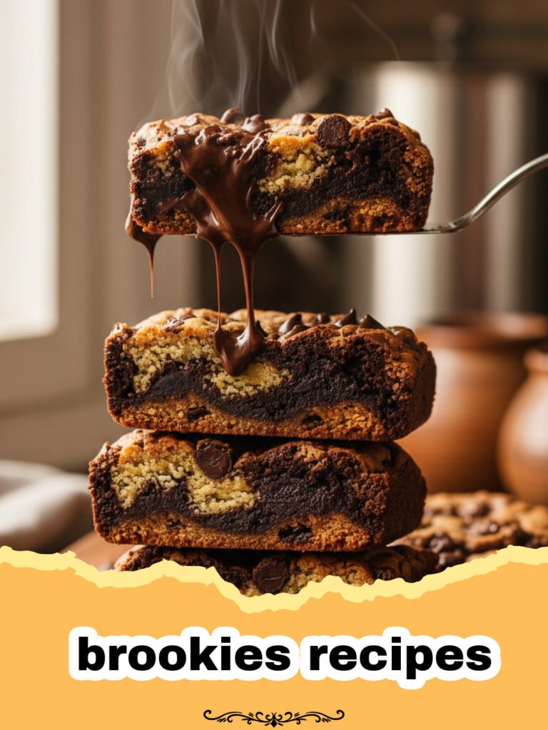 brookies recipes - Close-up of freshly baked brookies cut into squares, showcasing the distinct brownie and cookie layers with melted chocolate chips.