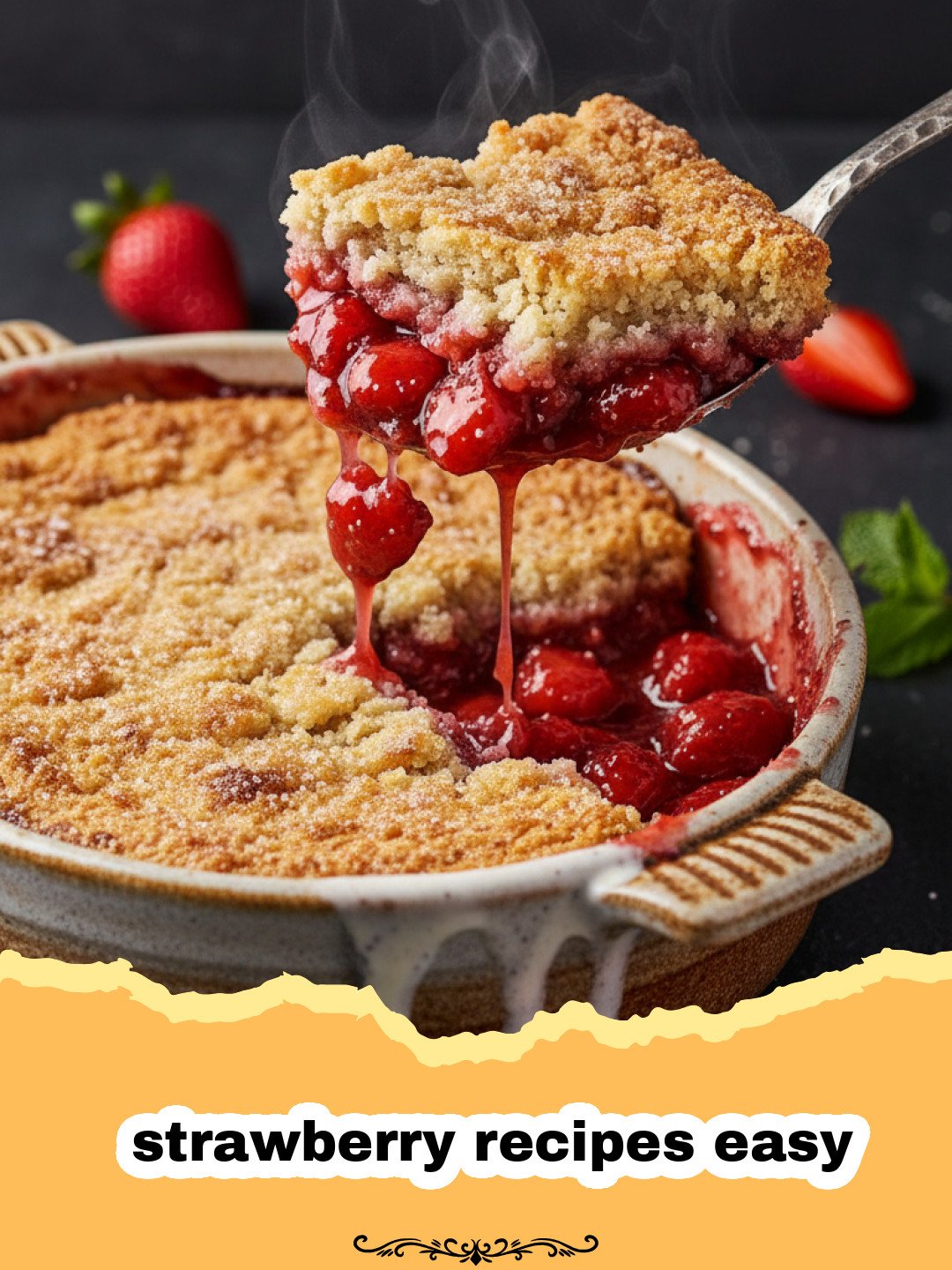 Divine Strawberry Crumble: The Easiest Summer Dessert You'll Ever Make 3 strawberry recipes easy - A golden-brown strawberry crumble in a white baking dish, with a scoop removed revealing juicy, bubbly red strawberries underneath, garnished with a sprig of mint.