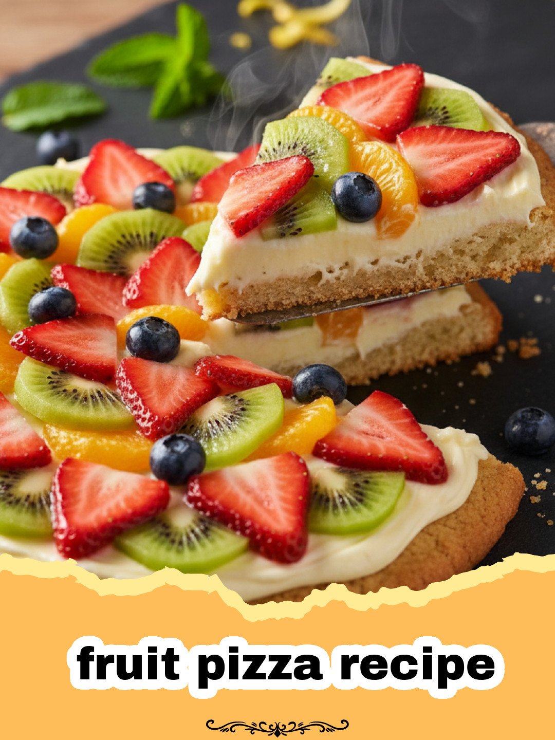 fruit pizza recipe - Vibrant and colorful fruit pizza with a sugar cookie crust and cream cheese frosting, topped with fresh berries, kiwi, and mandarins.