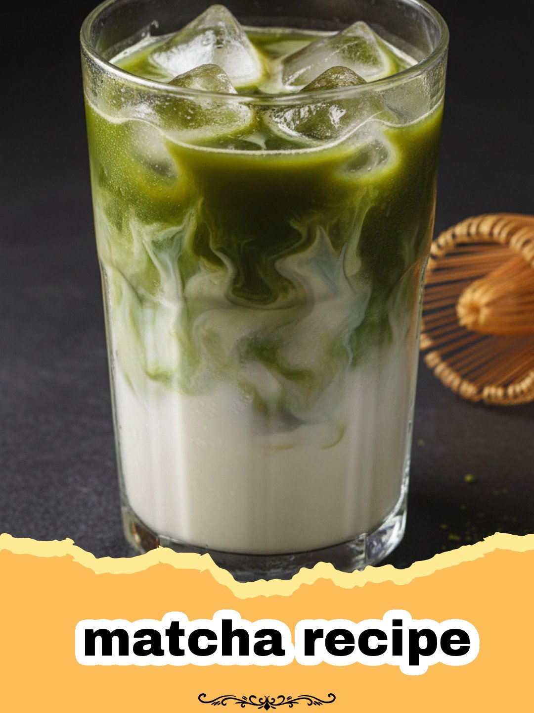 matcha recipe - A perfectly layered iced matcha latte in a tall glass with ice, showing green matcha sinking into white milk.