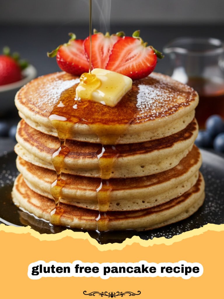 The Ultimate Fluffy Gluten-Free Buttermilk Pancakes 5 gluten free pancake recipe - A stack of golden brown, fluffy gluten-free pancakes drizzled with maple syrup and topped with fresh berries.