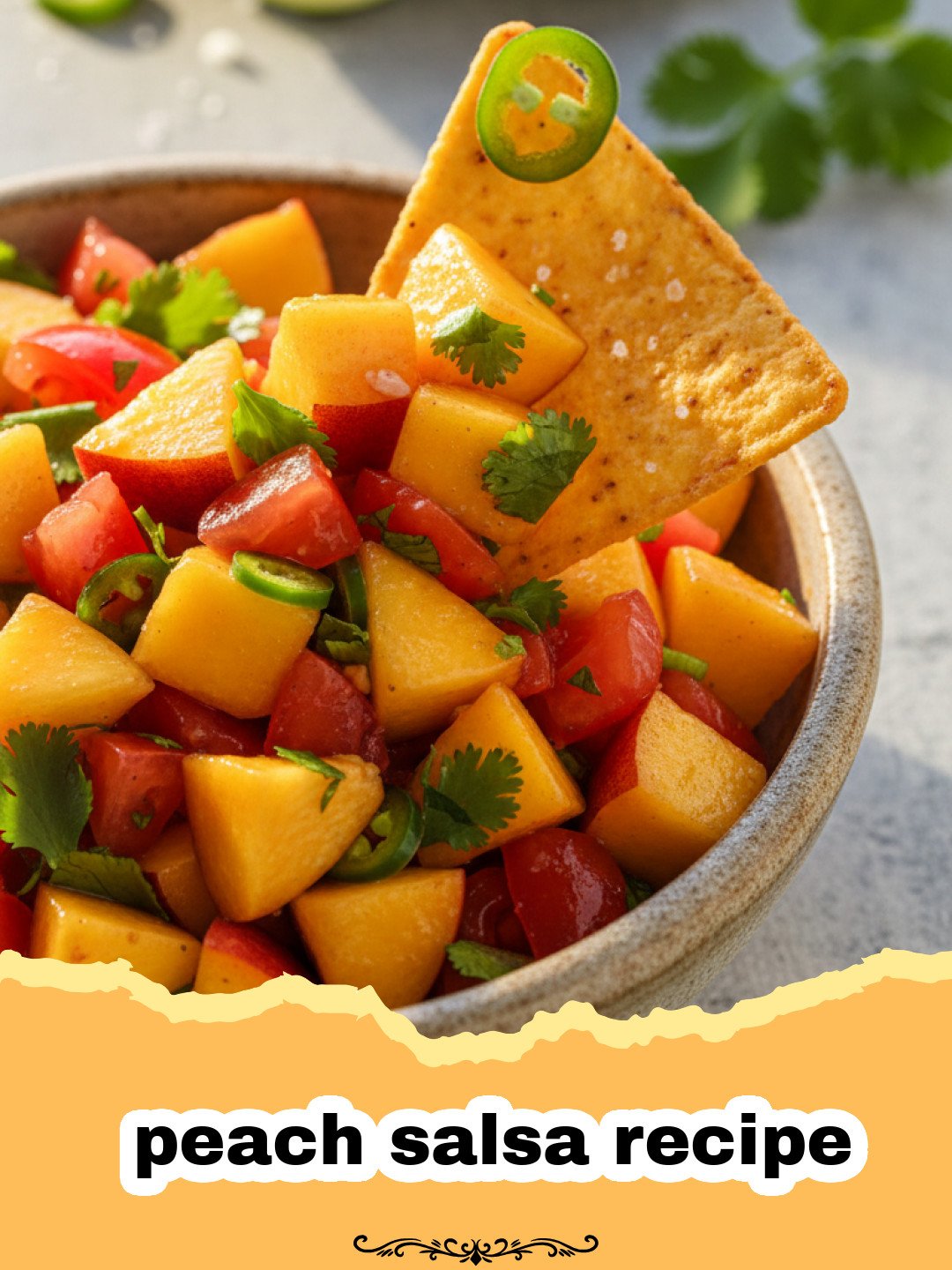 peach salsa recipe - Close-up of fresh peach salsa in a white bowl with tortilla chips on the side, garnished with cilantro.