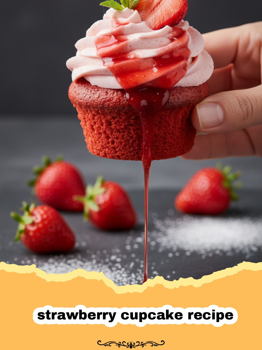 strawberry cupcake recipe - A close up of fluffy pink strawberry cupcakes with fresh strawberry garnish