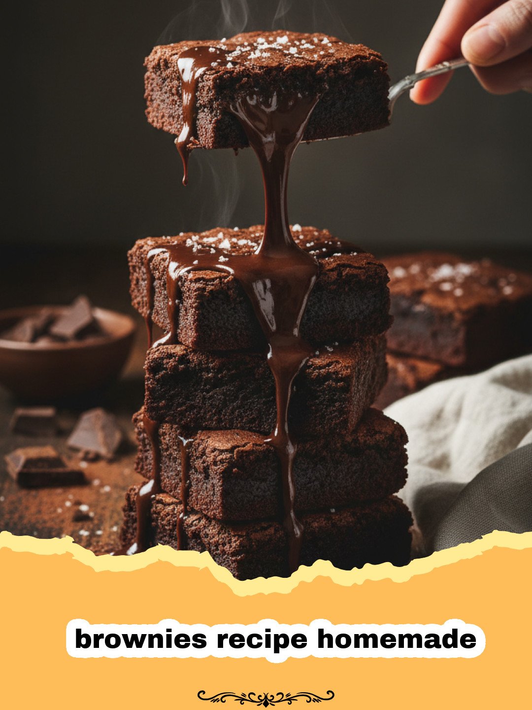 brownies recipe homemade - Close-up of a stack of fudgy homemade brownies with a crackly top, dusted lightly with cocoa powder.