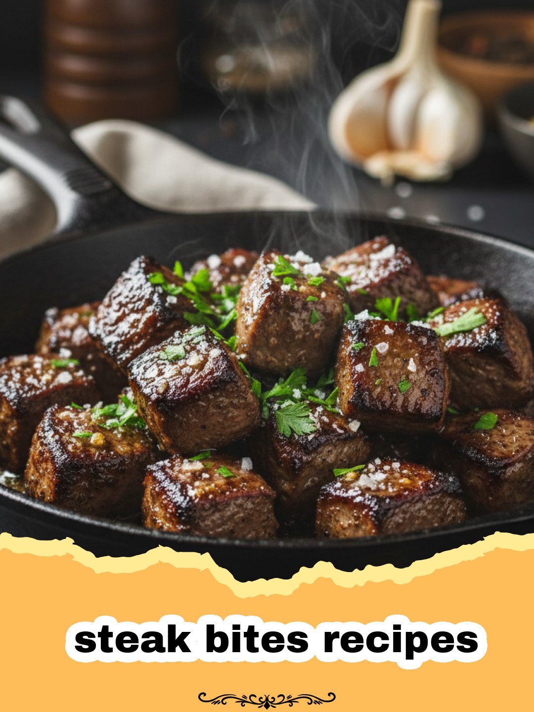 steak bites recipes - Close-up of golden-brown garlic butter steak bites garnished with fresh parsley in a cast iron skillet.
